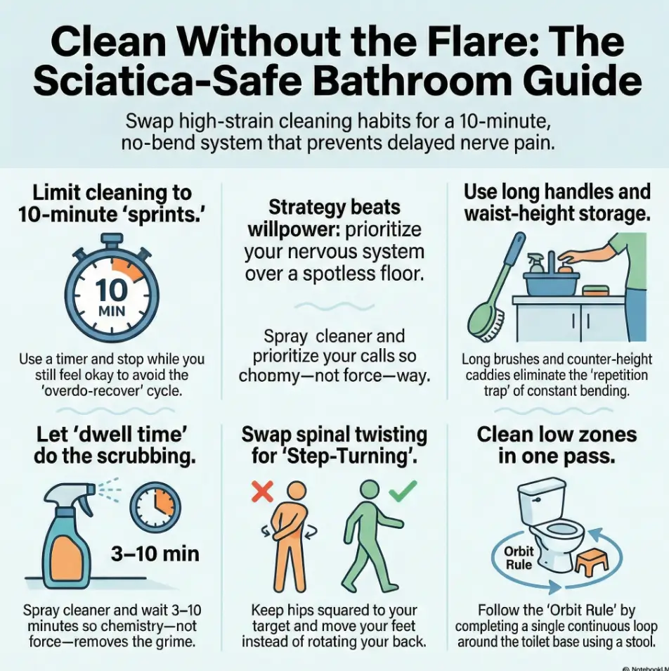 Sciatica-Friendly Bathroom Cleaning: 10-Min Sessions, Kneeling Alternatives, and a No-Bend Setup 3 Sciatica-Friendly Bathroom Cleaning