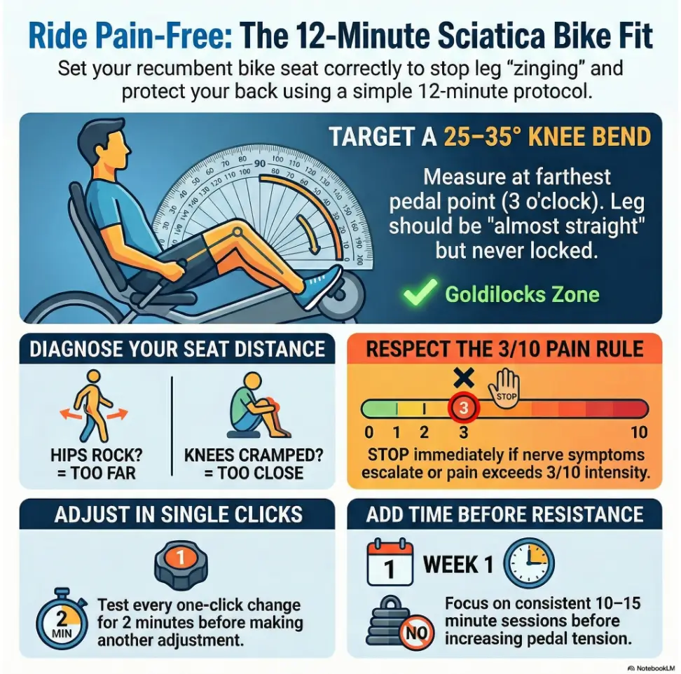 Recumbent Bike Setup for Sciatica: Seat Distance and Knee Angle (25–35°) Step-by-Step 3 recumbent bike setup for sciatica